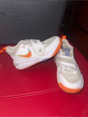 Nike Kids White Sneakers with Orange & Lime Swoosh